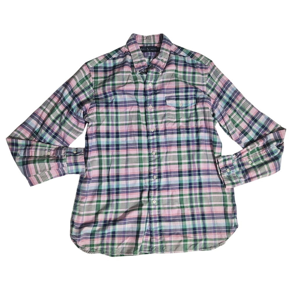 Ralph Lauren Mens Large Plaid Button Down Shirt Pink Green Purple Long Sleeve
